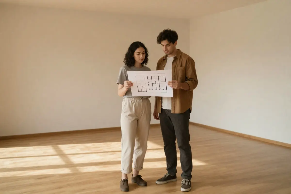 Couple planning over a floor plan in an empty living room