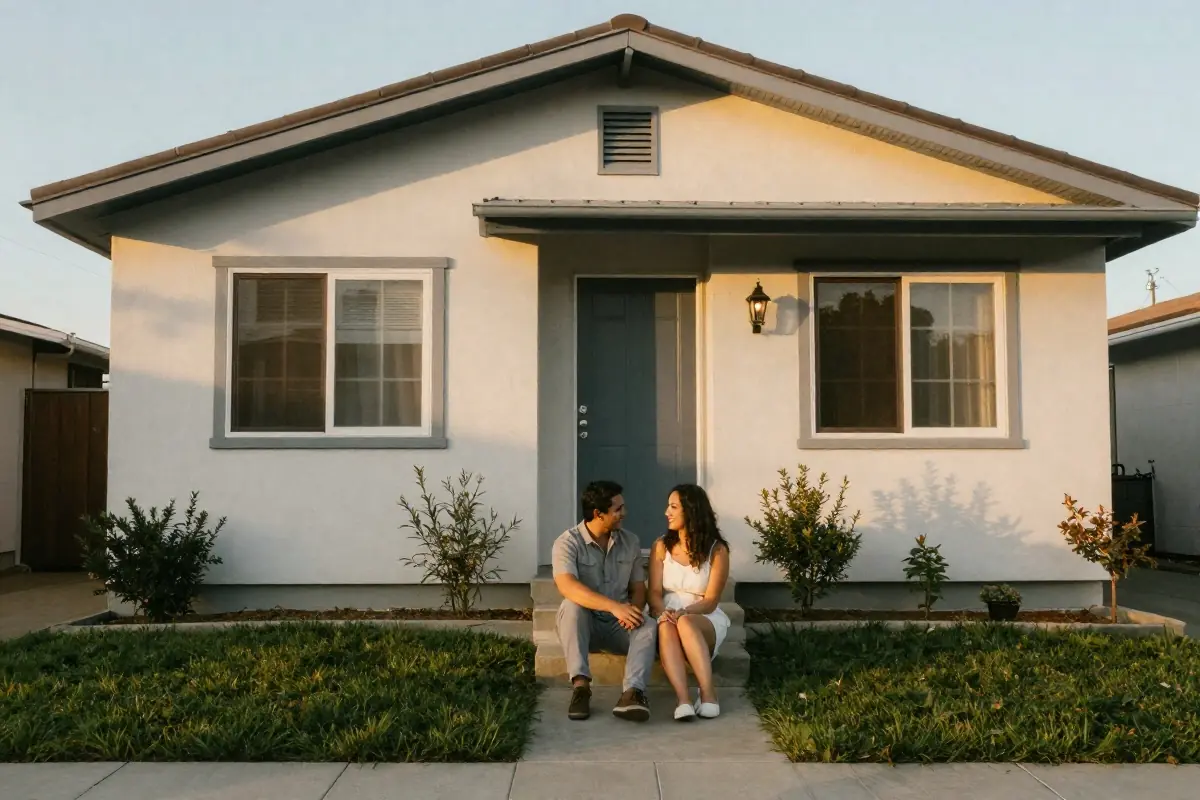 Young couple on the steps of a starter home