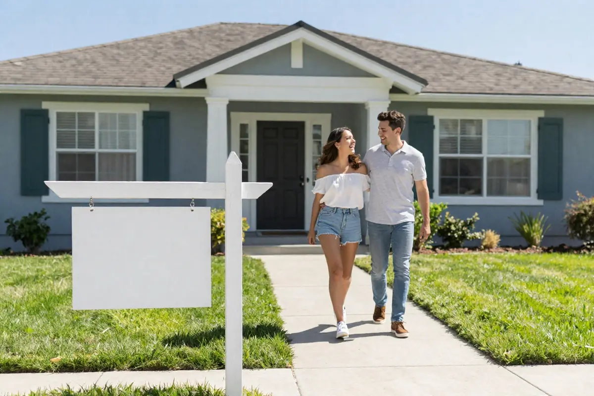 Couple walking up to the front door of a home