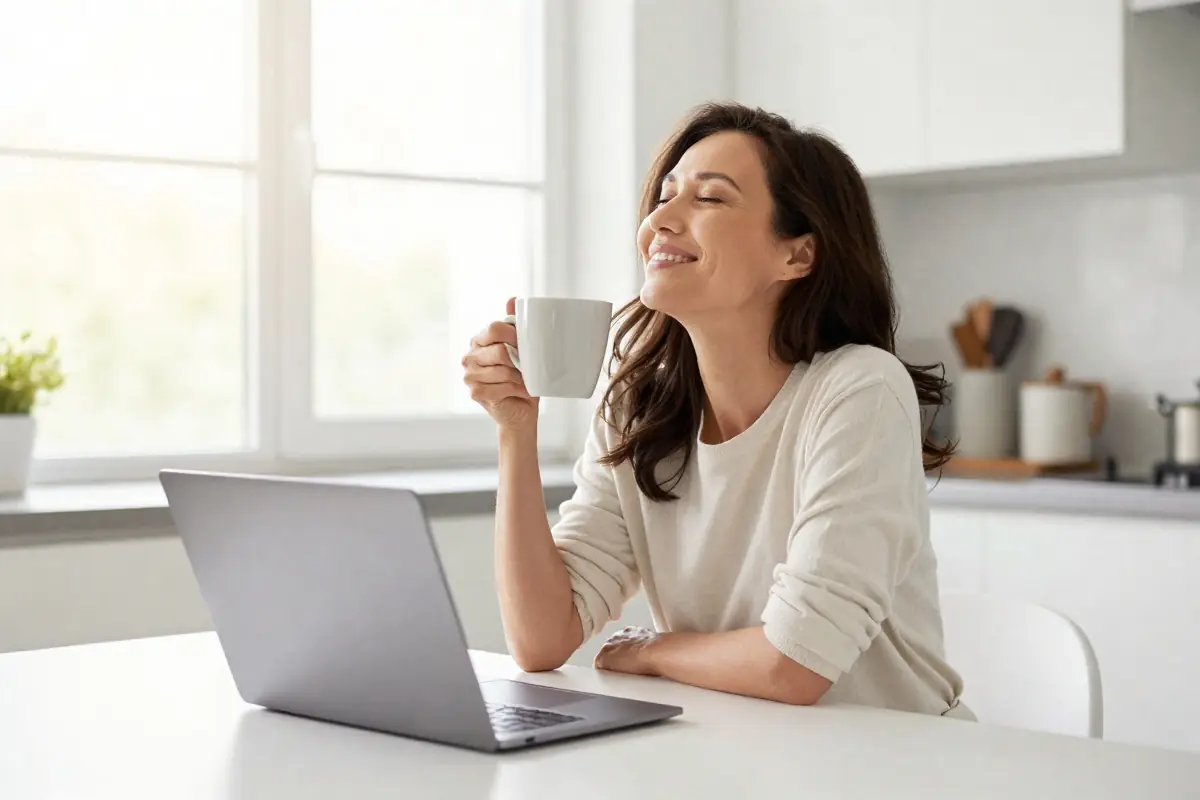 Woman relaxing at her kitchen table with a laptop